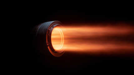 A powerful stream of bright orange flame bursts from a rocket nozzle, illuminating the darkness. This test firing showcases the intense propulsion capabilities essential for space missions