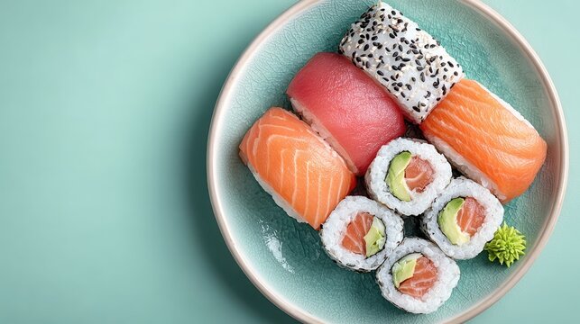 Elegant sushi platter featuring vibrant sashimi, colorful sushi rolls, fresh seafood, and artistic presentation showcasing authentic Japanese cuisine and gourmet dining - Powered by Adobe