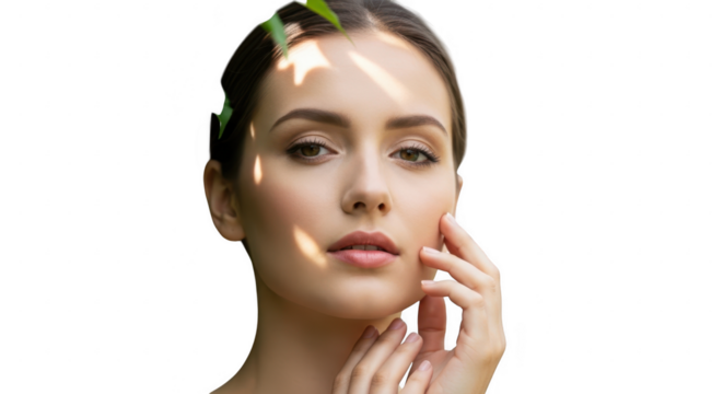 Natural Beauty: A portrait of a beautiful woman, touched by sunlight and embracing the purity of nature. The image conveys natural beauty, with a serene woman softly caressing her face.