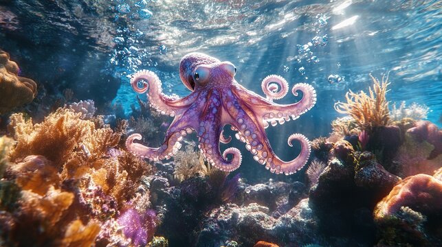 A tiny octopus with translucent purple skin floats between coral branches,