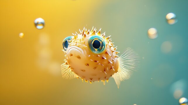 A tiny pufferfish floats mid-water, inflated slightly as it gazes upward with comical eyes.
