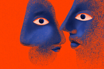 Abstract blue faces on orange background