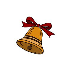 Beautiful Christmas bell illustration decorated with a red ribbon, holly leaves, and festive ornaments. Brings warmth and a cheerful festive mood