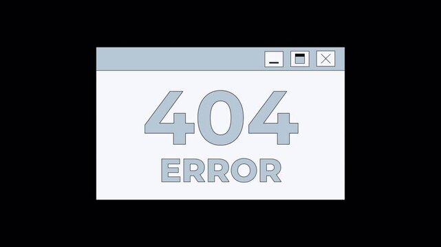 Error 404 page not found illustration website failure or missing page concept. 4k animation alpha channel