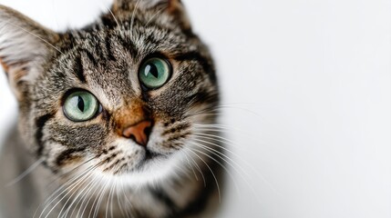 Studio portrait of a sitting tabby cat looking forward against a white back ground