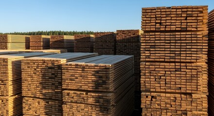 Stacked timber in lumberyard under clear sky for construction and carpentry projects