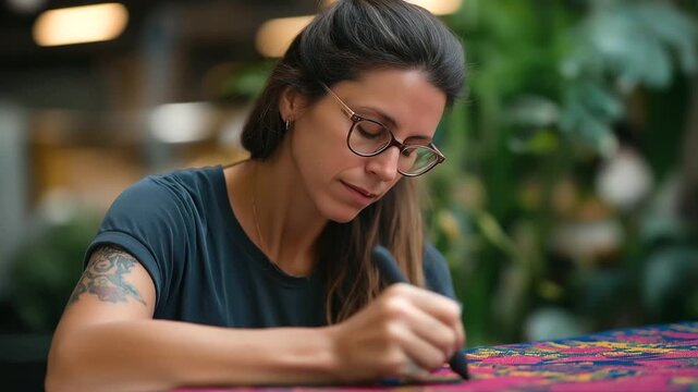 Woman with glasses and tattoos drawing a bold textile pattern her marker gliding over canvas plants swaying in the workshop breeze bold textile design carpet workshop creative