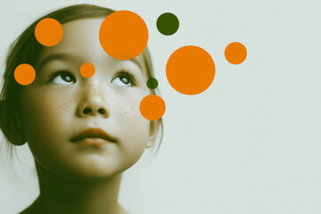 Child looking up with floating orange circles