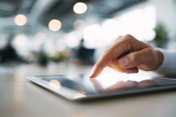 Person using a tablet device. Digital interactions and activities. Man holding a pad. Remote learning, social distance working, ordering buying online, reading e book. Close-Up view, Modern Technology