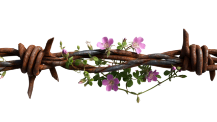 PNG of A captivating blend of nature and resilience, showing barbed wire entwined with delicate purple flowers.