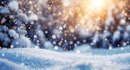 Beautiful Winter Sunrise with Snowy Pine Trees and Golden Bokeh Lights