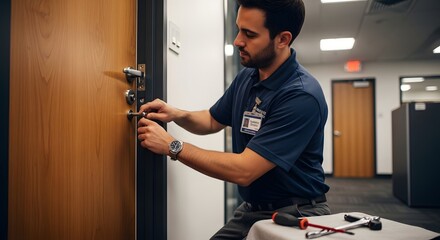 Professional locksmith fixing office door lock for security and maintenance