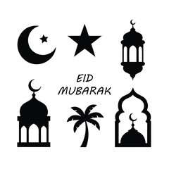 Eid Mubarak Black and White Illustration Featuring Islamic Symbols and Festive Greetings for Celebrations