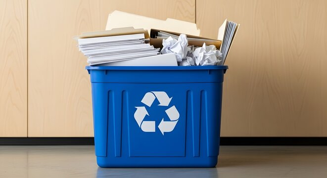 Office recycling bin with paper and documents for eco-friendly waste management in workplace environment