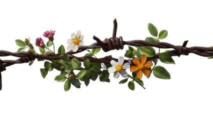 PNG of A delicate arrangement of colorful flowers intertwined with rusty barbed wire, symbolizing beauty amidst hardship.