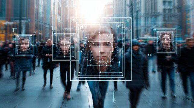 A busy urban street scene filled with pedestrians moving in various directions. Advanced facial recognition graphics overlay multiple faces, showcasing technology's integration in everyday life