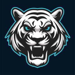 A white tiger head with piercing blue eyes and an open mouth, expressing confidence and authority.
