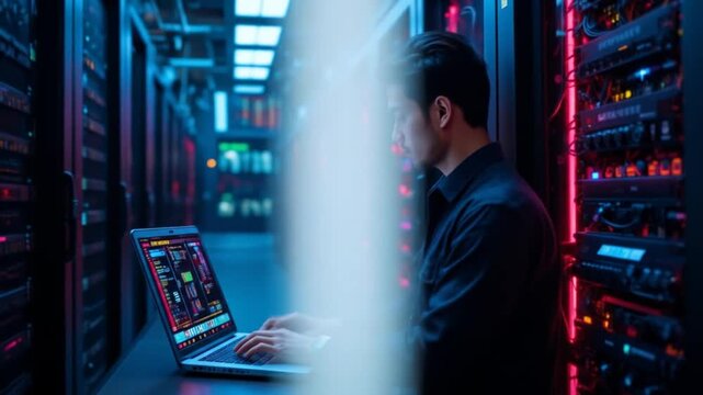 In a data center, a male IT technician runs a maintenance program on a laptop, ensuring the optimal functioning of an operational server rack. 4k video