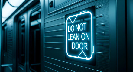 Obraz premium Illuminated Sign Warning Passengers Not to Lean on Subway Door, Emitting A Bright Glow