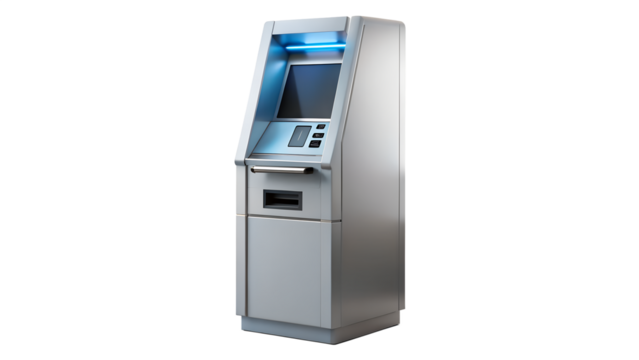 Modern atm machine isolated on transparent background, providing convenient access to banking services and financial transactions for customers