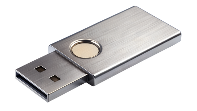 Silver usb drive isolated on transparent background, a compact and versatile storage solution for transferring and backing up digital files with ease
