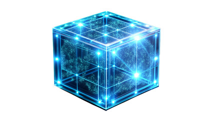 A glowing blue cube with internal network structure isolated on transparent background, representing technology, data, and interconnected systems