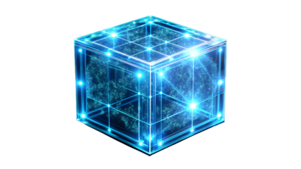 A glowing blue cube with internal network structure isolated on transparent background, representing technology, data, and interconnected systems