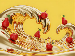 Abstract golden liquid wave background showcasing floating red apples and pears with shiny 3D text Summerflow.