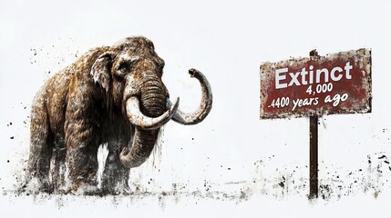 a wooly mammoth in prehistoric times, beside there is a sign that says "Extinct ~4,000 years ago