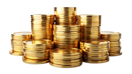 A gleaming pile of golden coins isolated on transparent background, representing prosperity, savings, and financial stability in a clear and bright scene