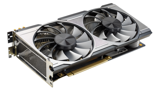 Modern graphics card with two fans, isolated on transparent background, for gaming and highperformance computing with efficient cooling system