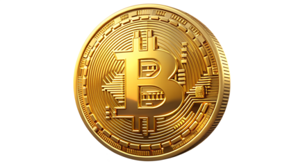 Bitcoin coin isolated on transparent background, a decentralized digital currency, without a central bank or single administrator, that can be sent from user to user