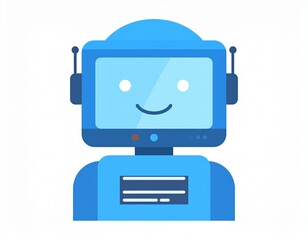 Cute blue robot with a smiling digital face, simple design, and display panel on its chest, representing friendly AI, technology, and futuristic automation.