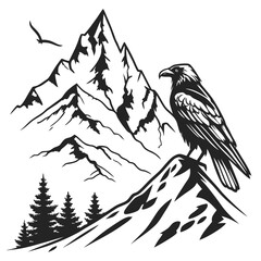 Silhouette of a raven perched on a mountain peak