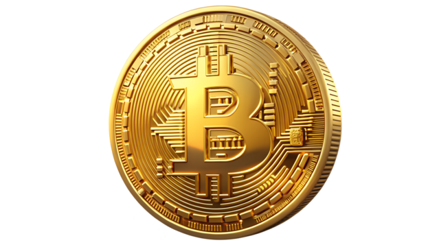 Bitcoin coin isolated on transparent background, a decentralized digital currency, without a central bank or single administrator, that can be sent from user to user