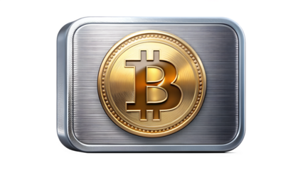 Bitcoin coin on a metal plate isolated on transparent background cryptocurrency digital money concept golden bitcoin symbol on a metal background