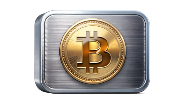 Bitcoin coin on a metal plate isolated on transparent background cryptocurrency digital money concept golden bitcoin symbol on a metal background