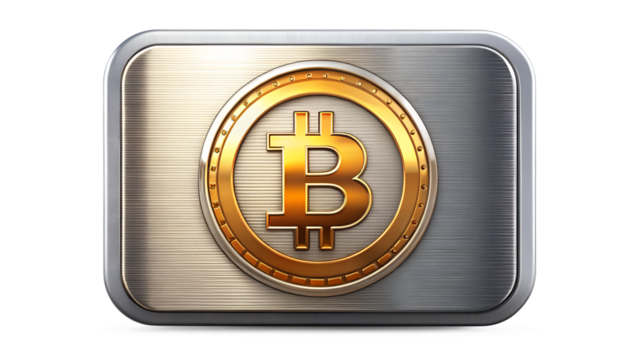 Bitcoin coin on a metal plate isolated on transparent background cryptocurrency digital money concept golden bitcoin symbol on a metal background