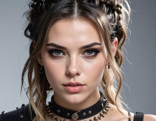 Young woman with dark eye makeup, multiple braids, and a choker