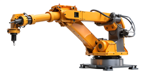 An orange industrial robot arm is isolated on transparent background, showcasing its mechanical design and engineering for manufacturing automation