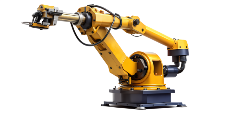 Yellow industrial robot isolated on transparent background is a versatile machine used in manufacturing, assembly, and other automated processes