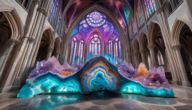 Gothic cathedral with luminous turquoise geode and purple crystal clusters
