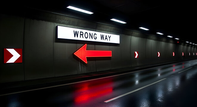 Navigational Confusion: A Striking Visual of a Wrong Way Road Sign Displayed in a Tunnel
