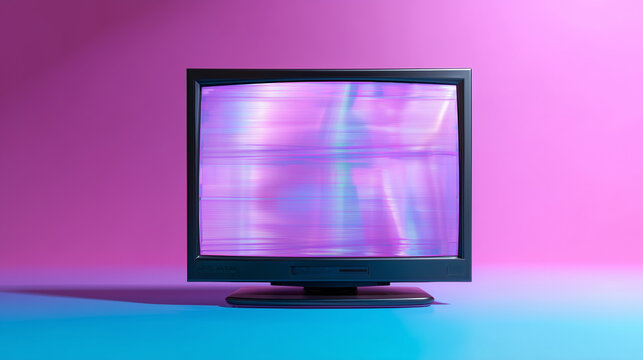 A vintage television sits on a flat surface showing a static image. The background features bright pink and blue colors, creating a vibrant atmosphere