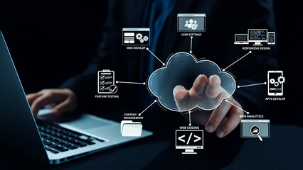 Cloud computing, cloud strategy, and cloud technology transforming digital infrastructure with scalable services, secure data storage, and cloud-based digital business solutions. Elide