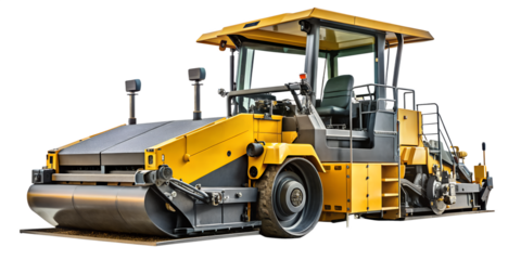 Yellow and gray asphalt roller isolated on transparent background is a heavy construction machine used for compacting asphalt on roads and other surfaces