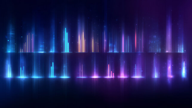 Multi-colored sound wave patterns pulse through a dark background, creating a dynamic and vibrant digital atmosphere suitable for music or technology themes
