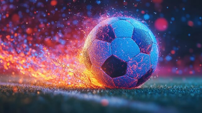 Fiery soccer ball on a field