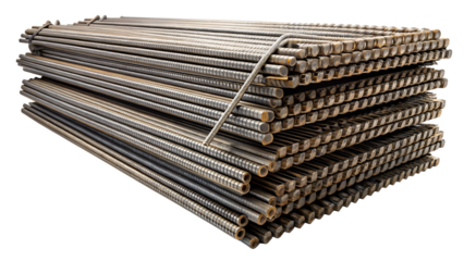 Stack of ribbed steel bars for reinforced concrete isolated on transparent background, material used in construction and infrastructure projects