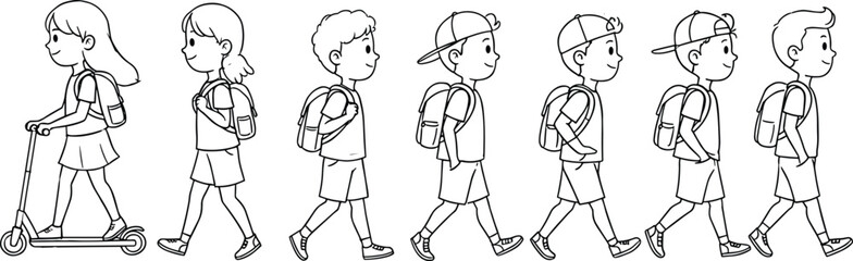 Group of school children walking, boy and girl with backpack, scooter rider illustration, kids going to school, outline vector drawing design